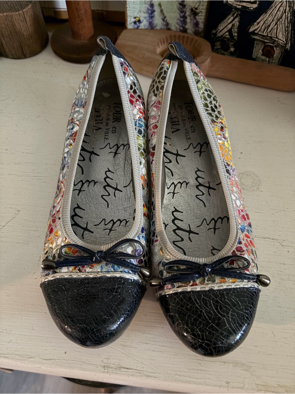 Tour En Ville Floral Multi-Color Women’s Ballet Flats with Black Cap Toe
